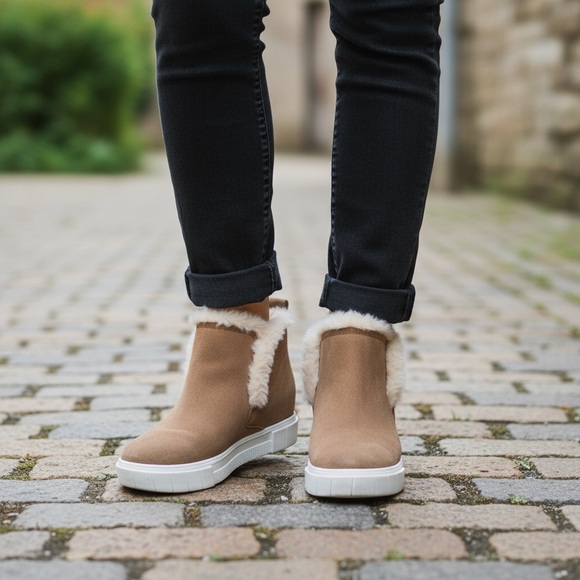 Dolce Vita Zanza Tan Suede Faux Shearling Platform Ankle Booties Cozy Size 9M - Picture 3 of 13